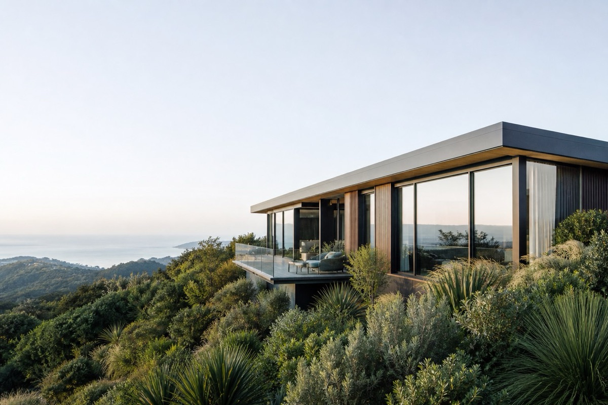 Exterior window cleaning on a hill-suburb home